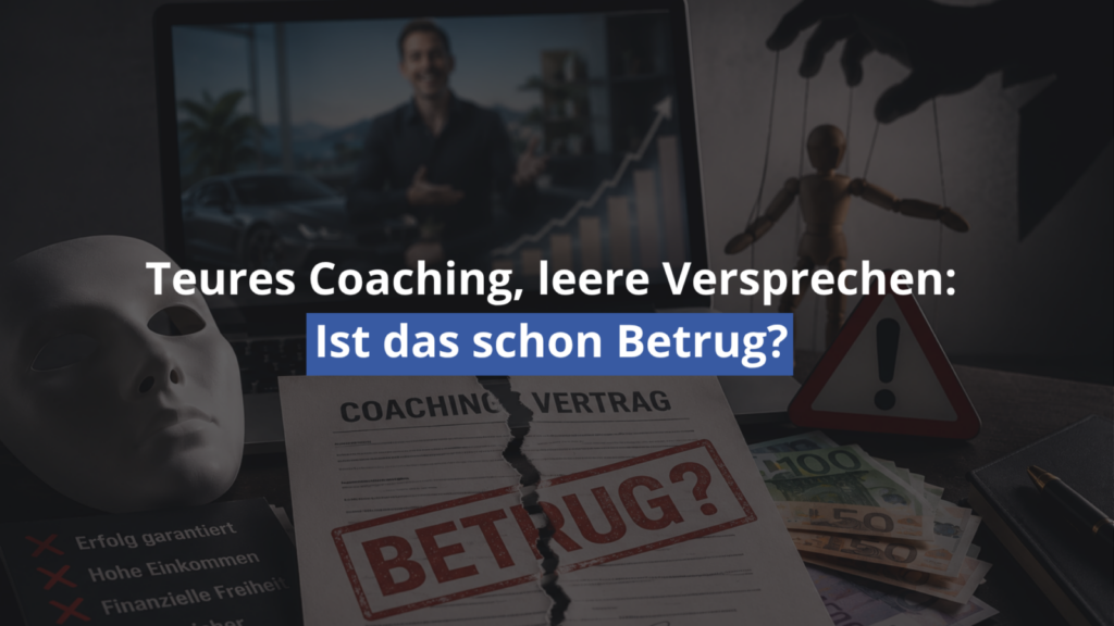 Warnbild zu Coaching-Betrug mit Vertrag, Geld und Marionette