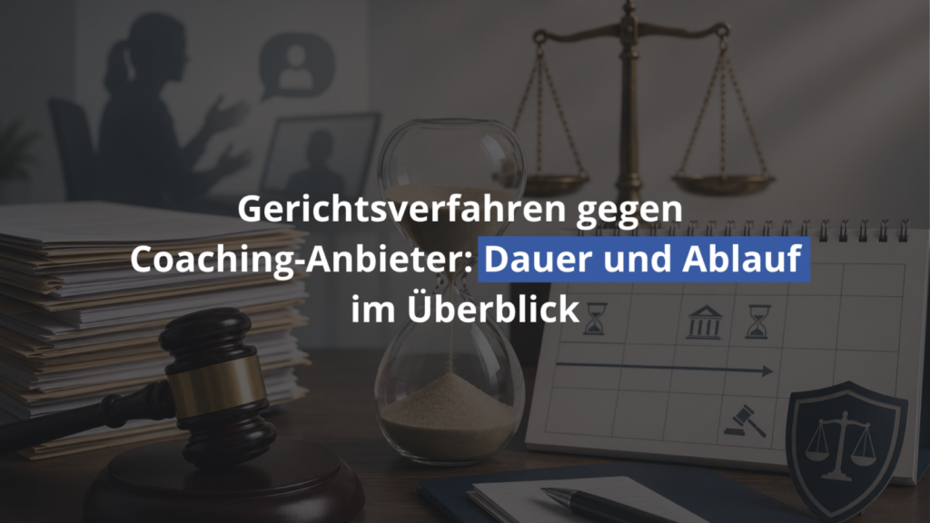 Richterhammer, Sanduhr und Waage zum Gerichtsverfahren gegen Coaching-Anbieter