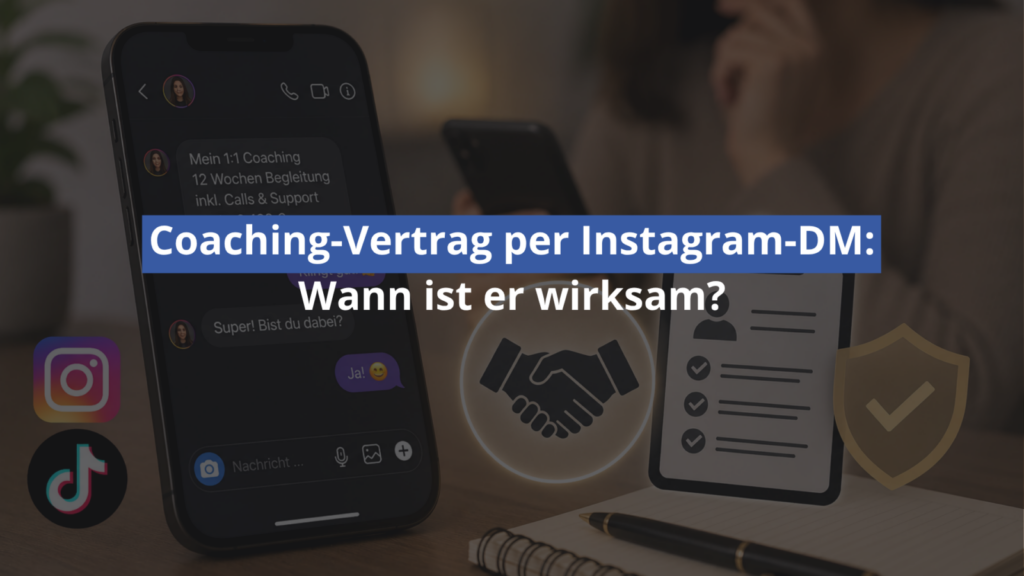 Coaching-Vertrag per Instagram-DM mit Vertrags- und Schutzsymbolen
